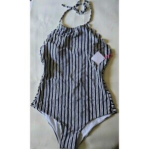 NWT Vanilla Beach XL Slimming Black Striped Scalloped Bathing Swim Suit 1 Piece
